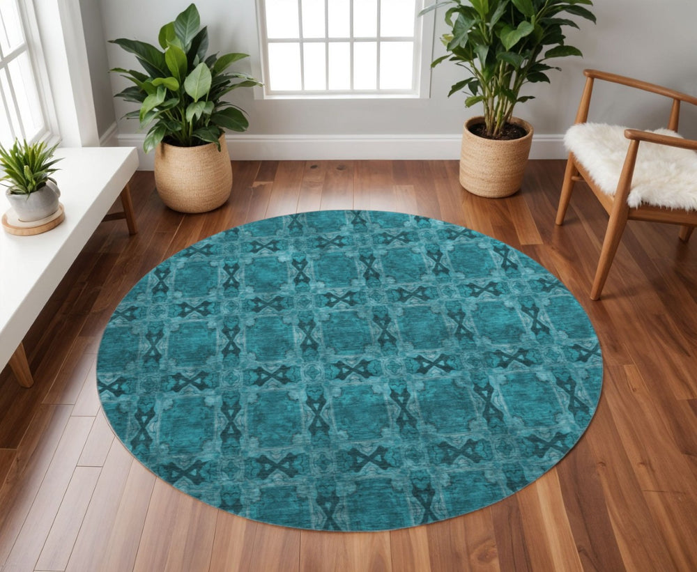 HomeRoots 8' Teal and Gray Floral Medallion Round Rug - Washable, UV-Protected, Durable Design for Homes 649519