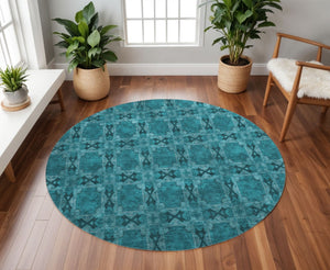 HomeRoots 8' Teal and Gray Floral Medallion Round Rug - Washable, UV-Protected, Durable Design for Homes 649519