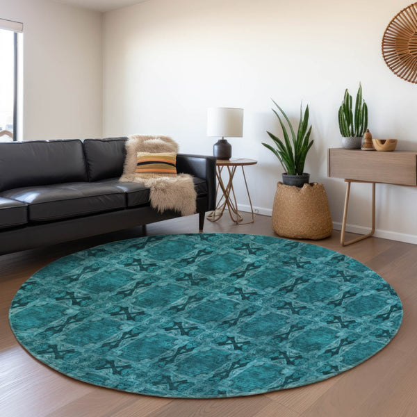 HomeRoots 8' Teal and Gray Floral Medallion Round Rug - Washable, UV-Protected, Durable Design for Homes 649519