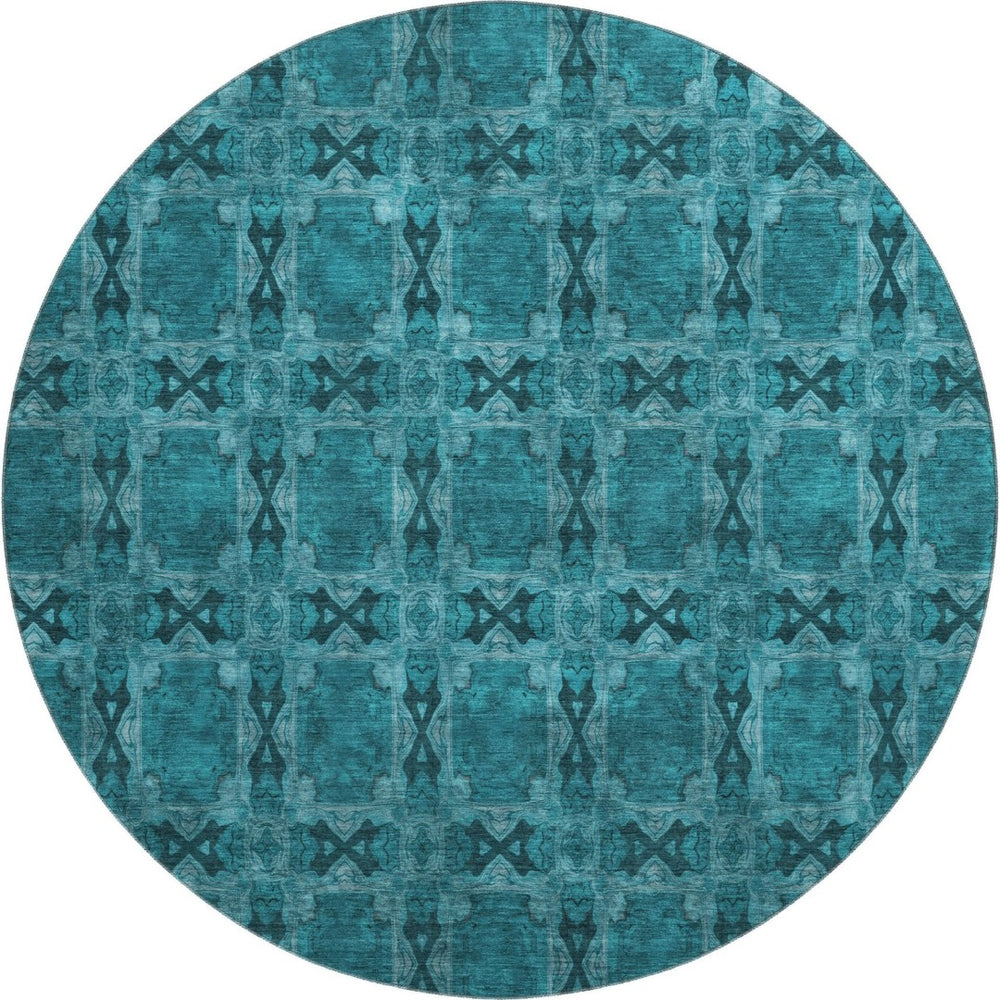 HomeRoots 8' Teal and Gray Floral Medallion Round Rug - Washable, UV-Protected, Durable Design for Homes 649519