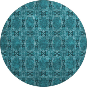 HomeRoots 8' Teal and Gray Floral Medallion Round Rug - Washable, UV-Protected, Durable Design for Homes 649519