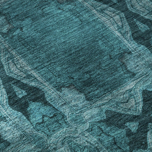 HomeRoots 8' Teal and Gray Floral Medallion Round Rug - Washable, UV-Protected, Durable Design for Homes 649519