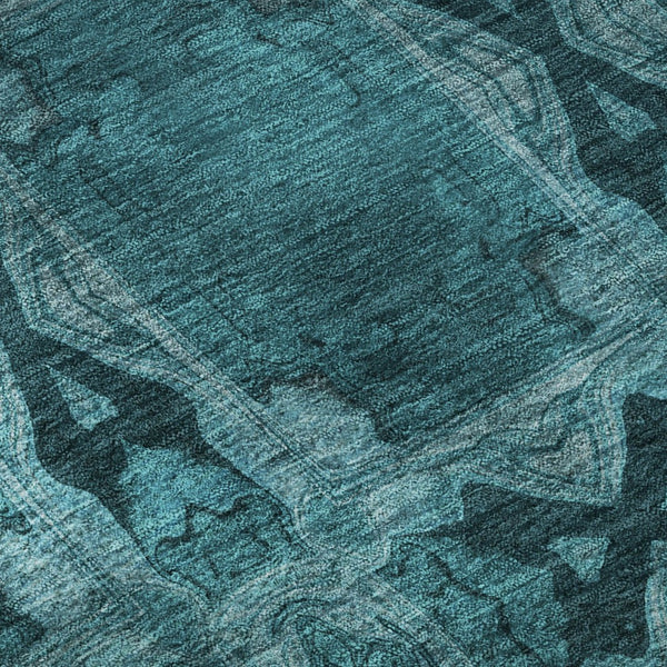 HomeRoots 8' Teal and Gray Floral Medallion Round Rug - Washable, UV-Protected, Durable Design for Homes 649519
