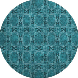 HomeRoots 8' Teal and Gray Floral Medallion Round Rug - Washable, UV-Protected, Durable Design for Homes 649519