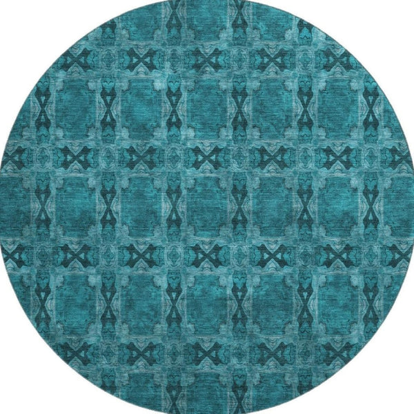 HomeRoots 8' Teal and Gray Floral Medallion Round Rug - Washable, UV-Protected, Durable Design for Homes 649519