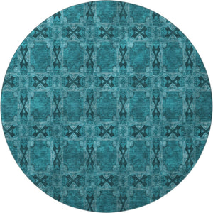 HomeRoots 8' Teal and Gray Floral Medallion Round Rug - Washable, UV-Protected, Durable Design for Homes 649519