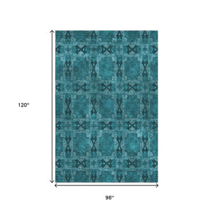 HomeRoots 8' X 10' Teal and Gray Floral Medallion Area Rug - Washable, Stain-Resistant, UV Protected Design 649520