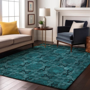 HomeRoots 8' X 10' Teal and Gray Floral Medallion Area Rug - Washable, Stain-Resistant, UV Protected Design 649520