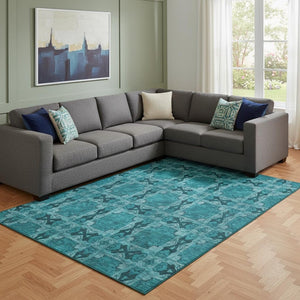 HomeRoots 8' X 10' Teal and Gray Floral Medallion Area Rug - Washable, Stain-Resistant, UV Protected Design 649520