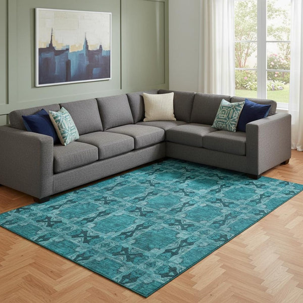 HomeRoots 8' X 10' Teal and Gray Floral Medallion Area Rug - Washable, Stain-Resistant, UV Protected Design 649520