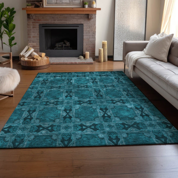 HomeRoots 8' X 10' Teal and Gray Floral Medallion Area Rug - Washable, Stain-Resistant, UV Protected Design 649520