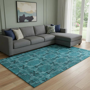 HomeRoots 9' X 12' Teal and Gray Floral Medallion Area Rug - Washable, Stain-Resistant, UV Protected Elegance 649521
