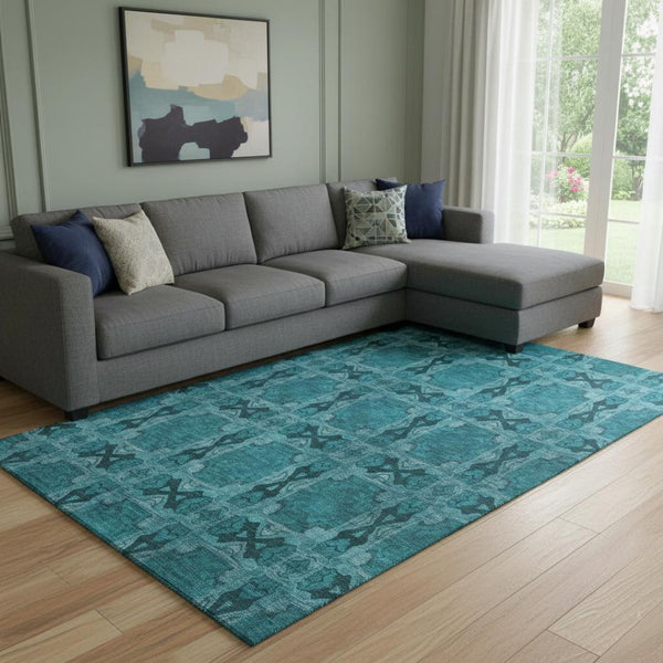 HomeRoots 9' X 12' Teal and Gray Floral Medallion Area Rug - Washable, Stain-Resistant, UV Protected Elegance 649521