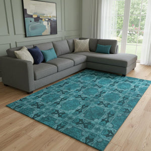 HomeRoots 10' X 14' Teal & Gray Floral Medallion Area Rug - Washable, UV Protected, Perfect for High Traffic Spaces 649522