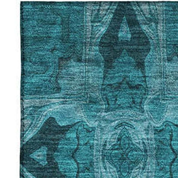 HomeRoots 10' X 14' Teal & Gray Floral Medallion Area Rug - Washable, UV Protected, Perfect for High Traffic Spaces 649522