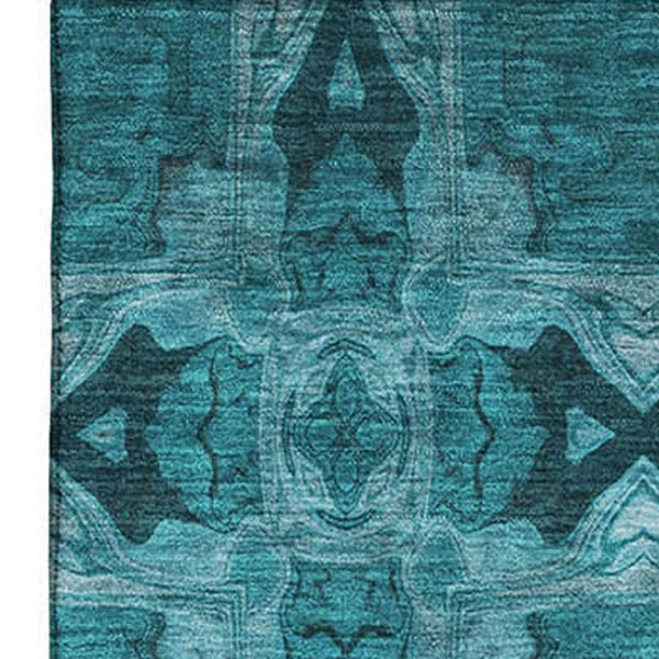 HomeRoots 10' X 14' Teal & Gray Floral Medallion Area Rug - Washable, UV Protected, Perfect for High Traffic Spaces 649522