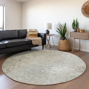 HomeRoots 8' Beige and Ivory Abstract Washable Round Rug - Durable UV Protection for Homes with Kids & Pets 649525
