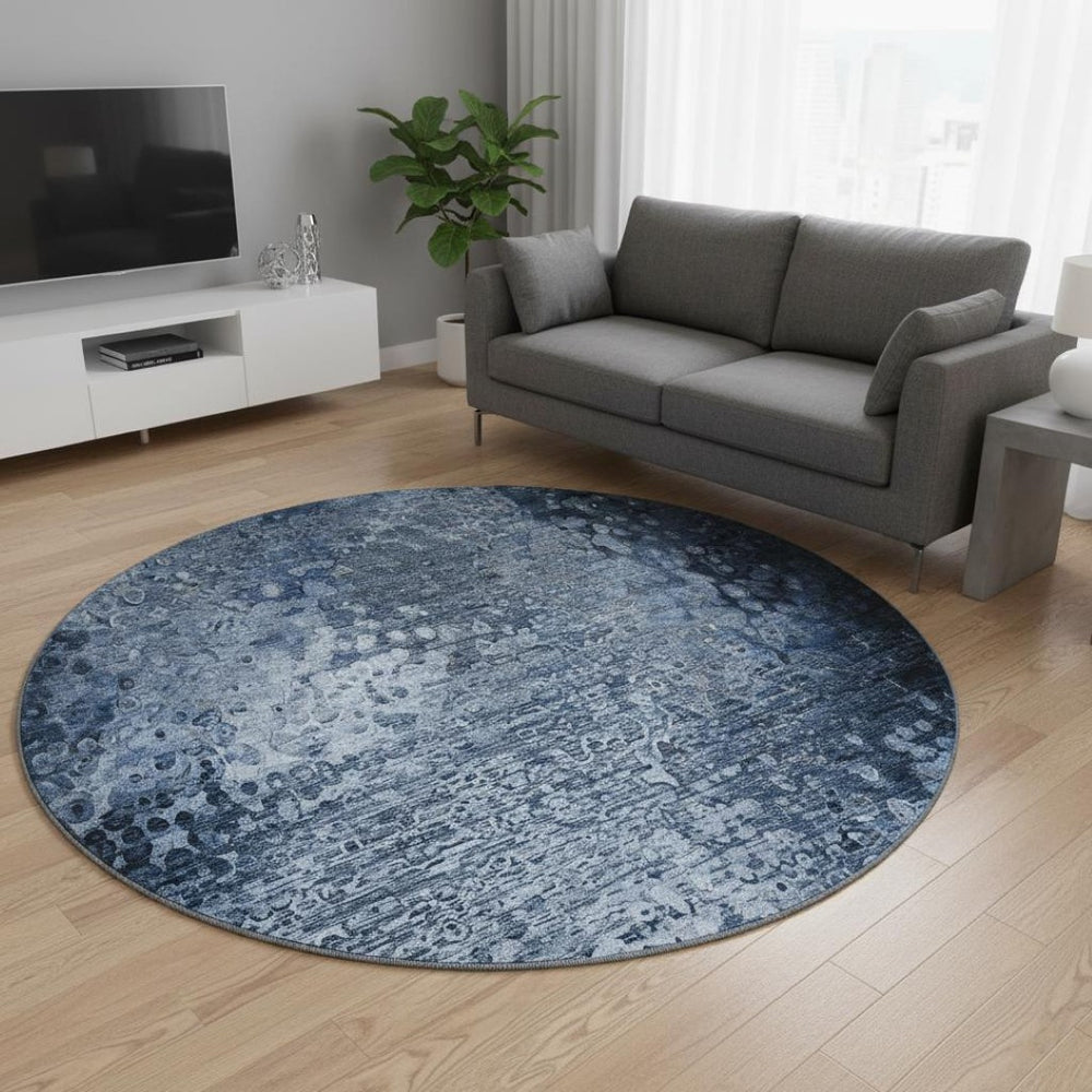 HomeRoots 8' Blue And Ivory Abstract Round Rug – Washable, UV Protected, Durable, Soft & Stylish for Any Space 649531