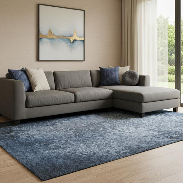 HomeRoots 10' X 14' Blue and Ivory Abstract Area Rug - Washable, UV Protected, Perfect for Family Spaces! 649534