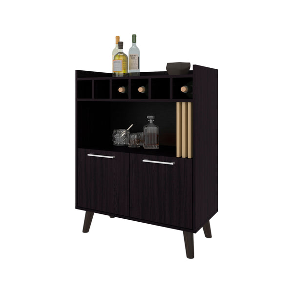 English Elm Yucca Mid-Century Bar Cabinet Wengue – Wine Storage for 5 Bottles, Display Shelves & Hidden Cupboard B128P263714