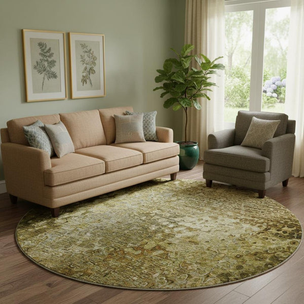 HomeRoots 8' Brown And Ivory Abstract Washable Round Rug with Stain Resistance & UV Protection for Homes 649537