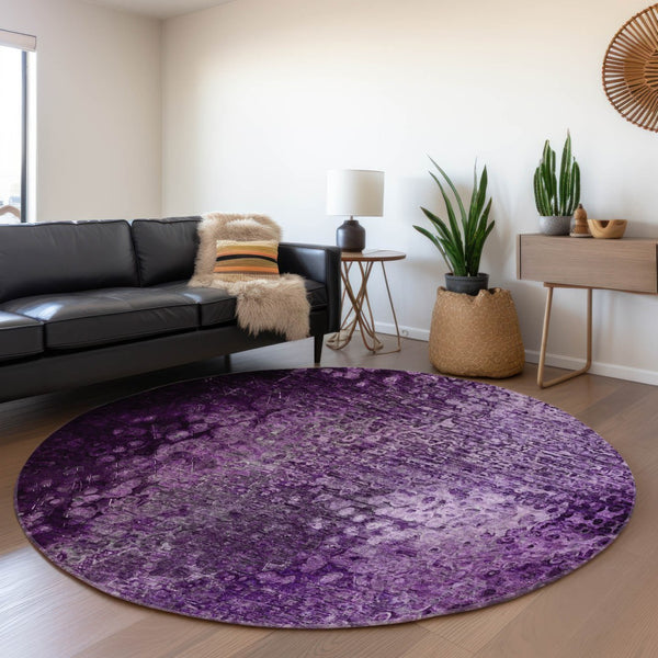 HomeRoots 8' Purple and Ivory Abstract Washable Round Rug – Durable, Stain-Resistant, UV Protected Home Accent 649543