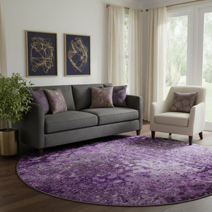 HomeRoots 8' Purple and Ivory Abstract Washable Round Rug – Durable, Stain-Resistant, UV Protected Home Accent 649543