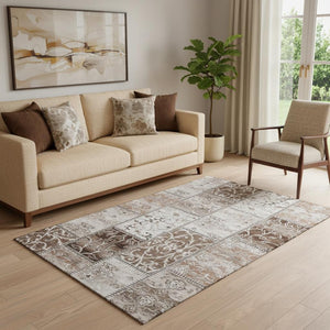 HomeRoots 5' X 8' Beige and Ivory Patchwork Area Rug - Washable, Stain-Resistant, UV Protected for Everyday Elegance 649548