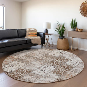 HomeRoots 8' Patchwork Round Rug in Beige and Ivory - Washable, UV Protected, Durable for Kids & Pets 649549