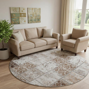 HomeRoots 8' Patchwork Round Rug in Beige and Ivory - Washable, UV Protected, Durable for Kids & Pets 649549