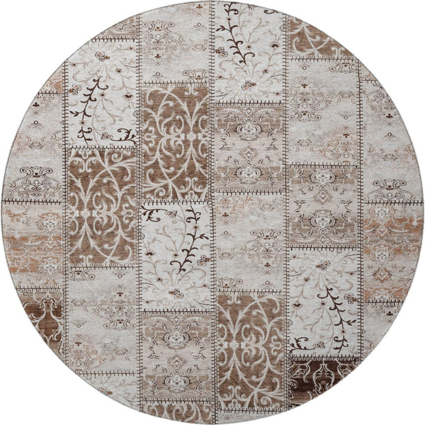 HomeRoots 8' Patchwork Round Rug in Beige and Ivory - Washable, UV Protected, Durable for Kids & Pets 649549