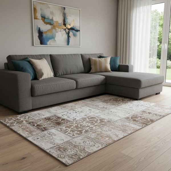 HomeRoots 8' X 10' Beige and Ivory Patchwork Area Rug - Durable, Stain-Resistant, UV Protected for Homes 649550