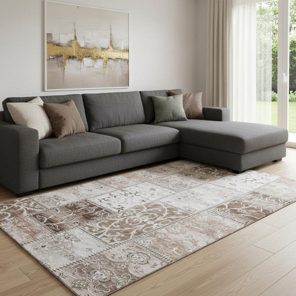 HomeRoots 9' X 12' Beige and Ivory Patchwork Area Rug - Washable, UV Protected, Stylish & Durable for Homes 649551