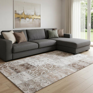 HomeRoots 9' X 12' Beige and Ivory Patchwork Area Rug - Washable, UV Protected, Stylish & Durable for Homes 649551