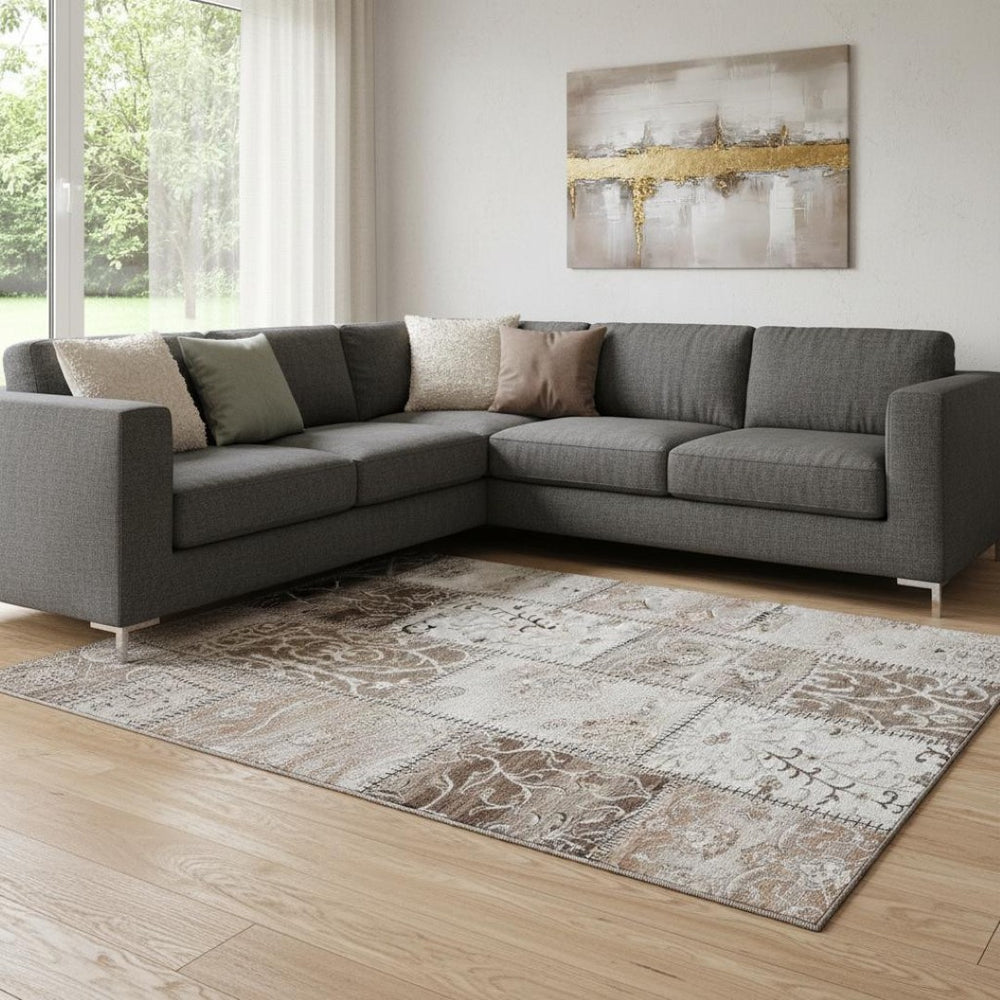 HomeRoots 10' X 14' Beige And Ivory Patchwork Area Rug - Washable, Stain Resistant With UV Protection! 649552