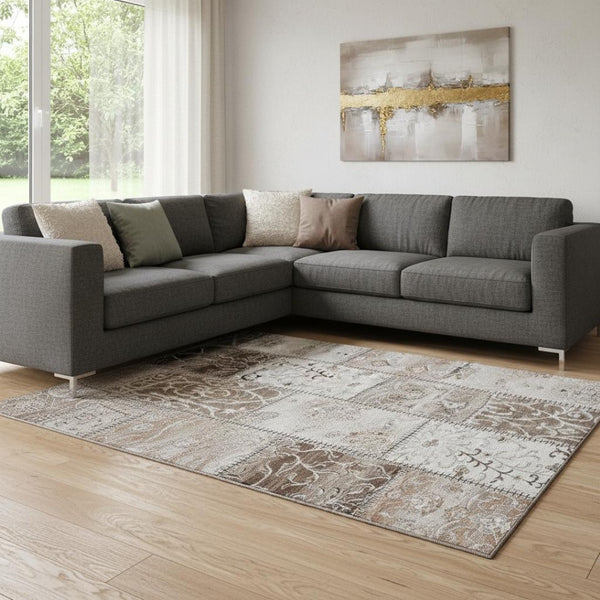 HomeRoots 10' X 14' Beige And Ivory Patchwork Area Rug - Washable, Stain Resistant With UV Protection! 649552