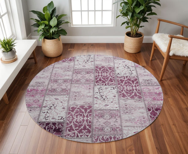 HomeRoots 8' Burgundy and Ivory Patchwork Round Rug - Washable, UV-Protected, Durable for Busy Homes and Pets 649555