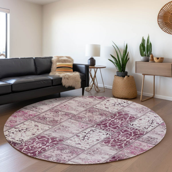 HomeRoots 8' Burgundy and Ivory Patchwork Round Rug - Washable, UV-Protected, Durable for Busy Homes and Pets 649555