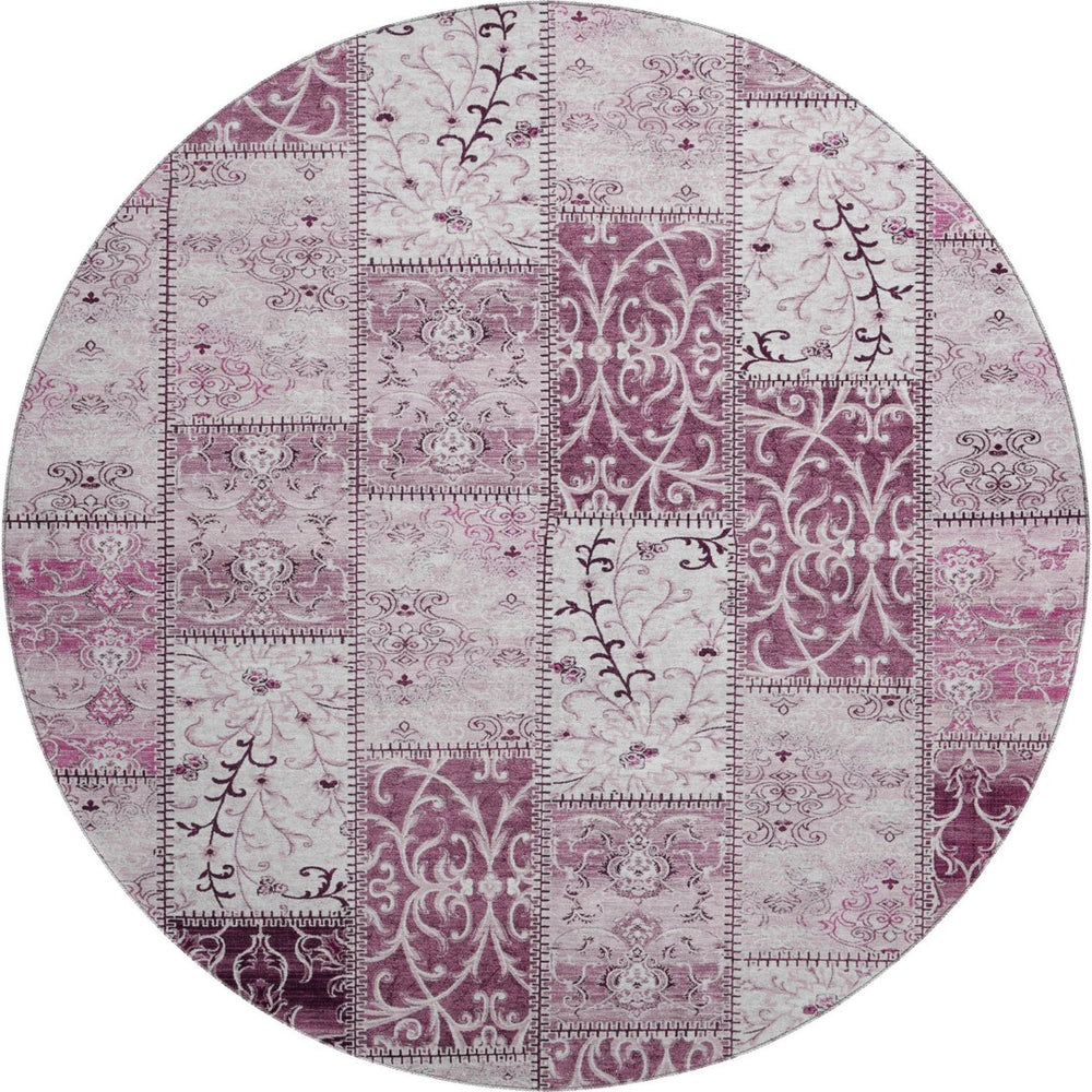 HomeRoots 8' Burgundy and Ivory Patchwork Round Rug - Washable, UV-Protected, Durable for Busy Homes and Pets 649555