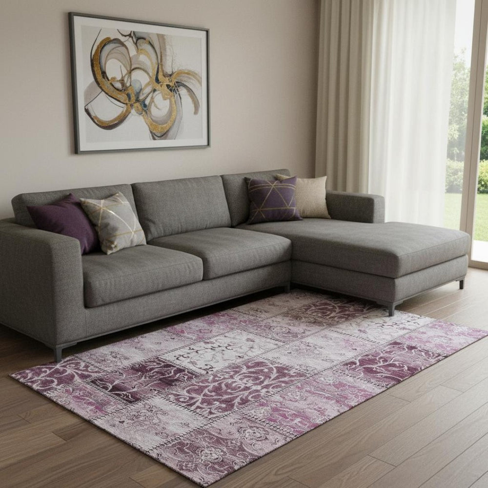 HomeRoots 8' X 10' Burgundy and Ivory Washable Area Rug - Stylish Patchwork with UV Protection and Stain Resistance 649556