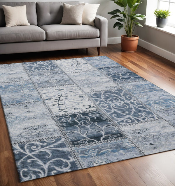 HomeRoots 5' X 8' Denim Blue & Ivory Patchwork Area Rug - Soft, Stain-Resistant, UV Protected for Any Room 649560