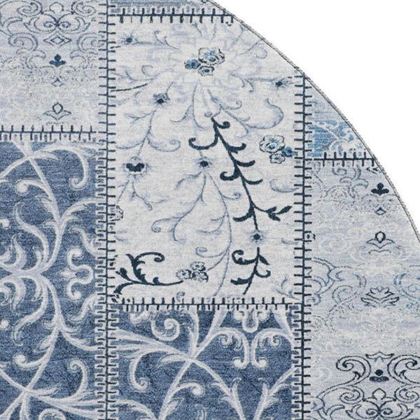 HomeRoots 8' Denim Blue & Ivory Patchwork Round Rug - Washable, UV Protected, Stain Resistant for High-Traffic Areas 649561