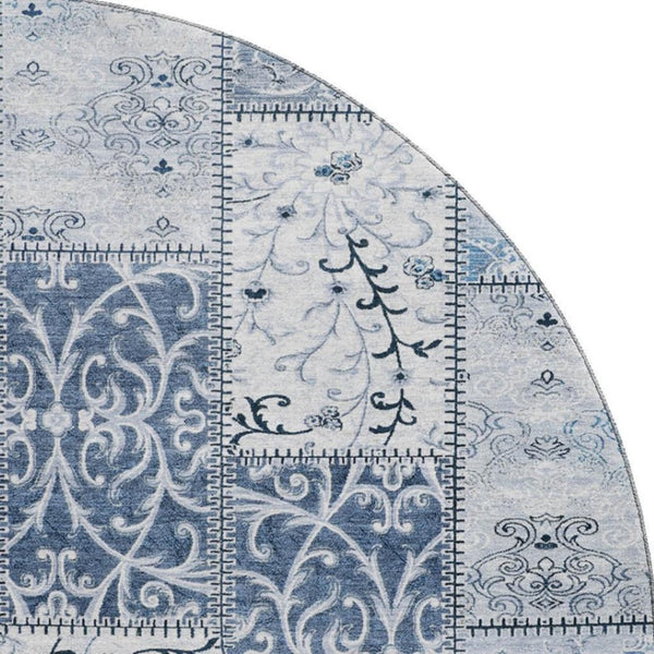 HomeRoots 8' Denim Blue & Ivory Patchwork Round Rug - Washable, UV Protected, Stain Resistant for High-Traffic Areas 649561