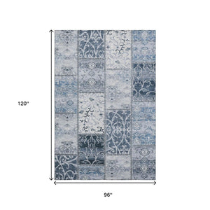 HomeRoots 8' Denim Blue and Ivory Patchwork Washable Area Rug - UV Protected, Stain Resistant, Durable Elegance! 649562