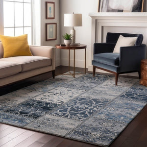HomeRoots 8' Denim Blue and Ivory Patchwork Washable Area Rug - UV Protected, Stain Resistant, Durable Elegance! 649562