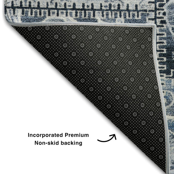 HomeRoots 8' Denim Blue and Ivory Patchwork Washable Area Rug - UV Protected, Stain Resistant, Durable Elegance! 649562