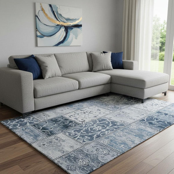 HomeRoots 8' Denim Blue and Ivory Patchwork Washable Area Rug - UV Protected, Stain Resistant, Durable Elegance! 649562