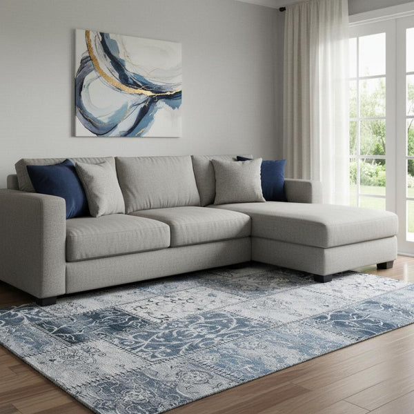 HomeRoots 9' X 12' Denim Blue & Ivory Patchwork Area Rug - Durable, Washable, UV Protected for Busy Homes 649563