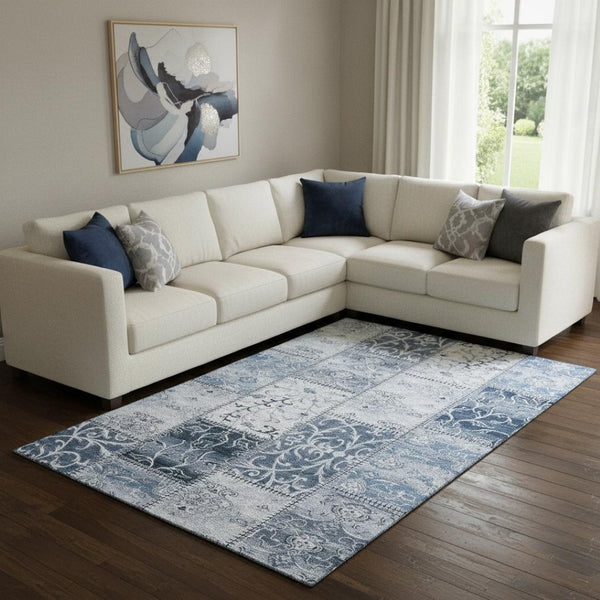 HomeRoots 10' X 14' Denim Blue & Ivory Patchwork Area Rug - Washable, UV Protected, Stain Resistant, Durable Design 649564