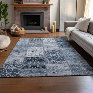 HomeRoots 10' X 14' Denim Blue & Ivory Patchwork Area Rug - Washable, UV Protected, Stain Resistant, Durable Design 649564